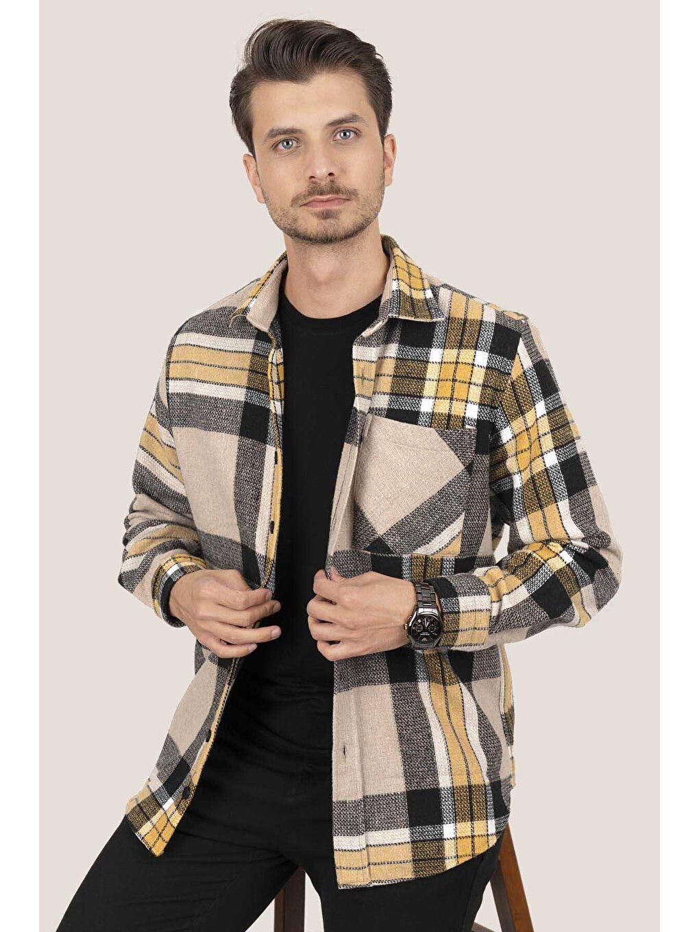 Sarı Siyah Geçişli Oversize (Geniş Kalıp) Kalın %100 Pamuk Erkek Oduncu Gömlek-2