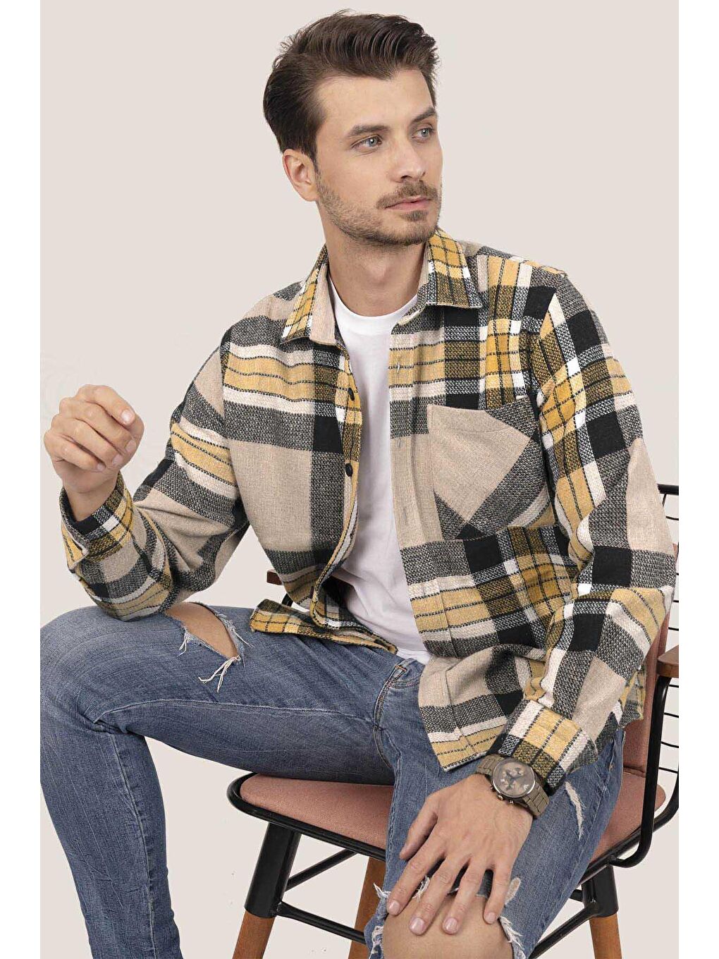 Sarı Siyah Geçişli Oversize (Geniş Kalıp) Kalın %100 Pamuk Erkek Oduncu Gömlek-4