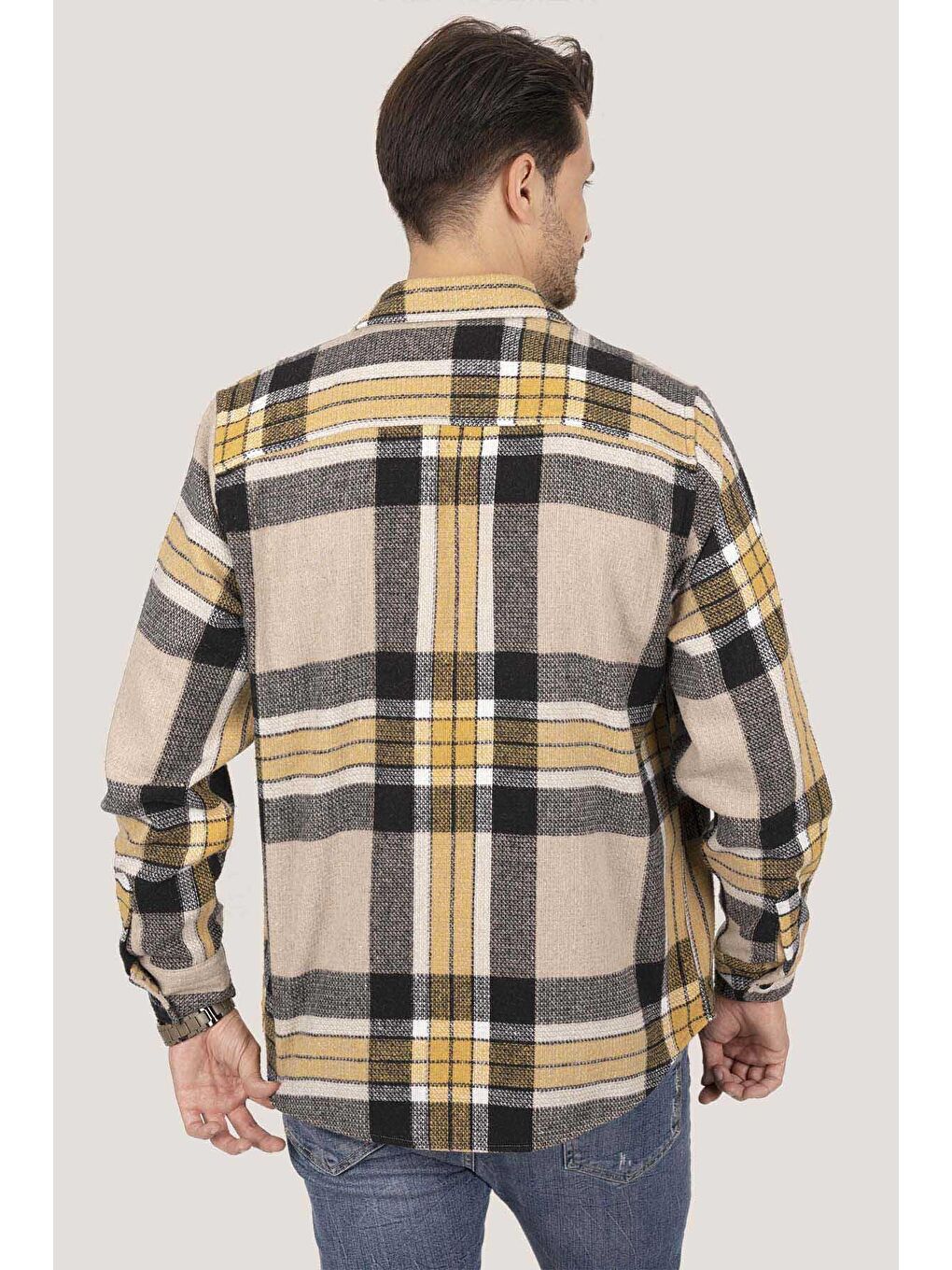 Sarı Siyah Geçişli Oversize (Geniş Kalıp) Kalın %100 Pamuk Erkek Oduncu Gömlek-5