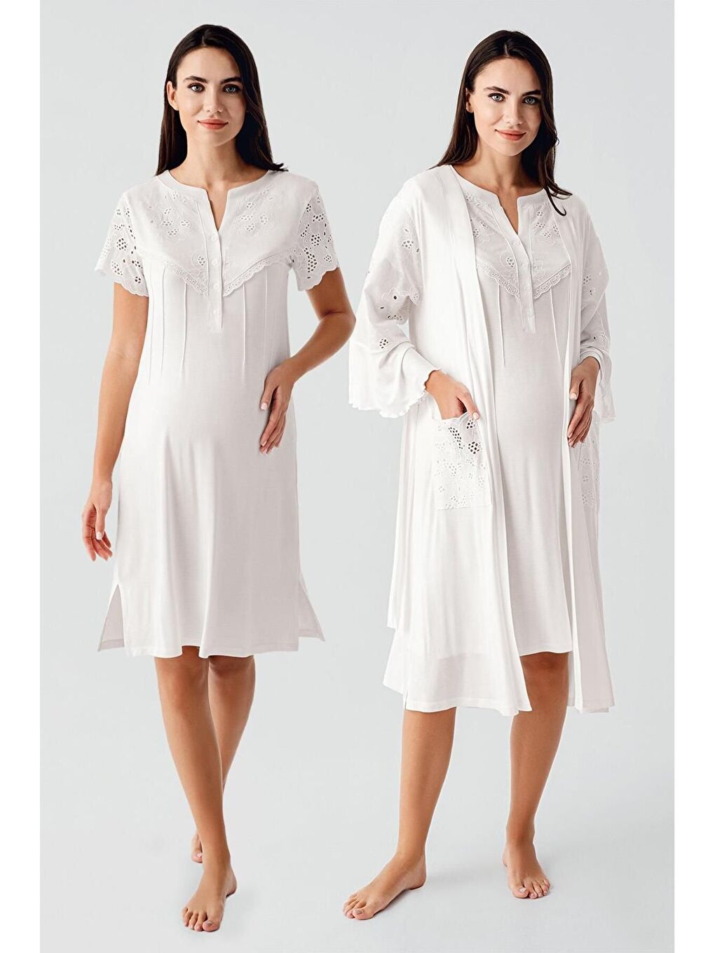 Ekru Kısa Kollu Düğmeli Vual Detaylı Esnek Viskoz Hamile Sabahlık Gecelik Takım 17403-1