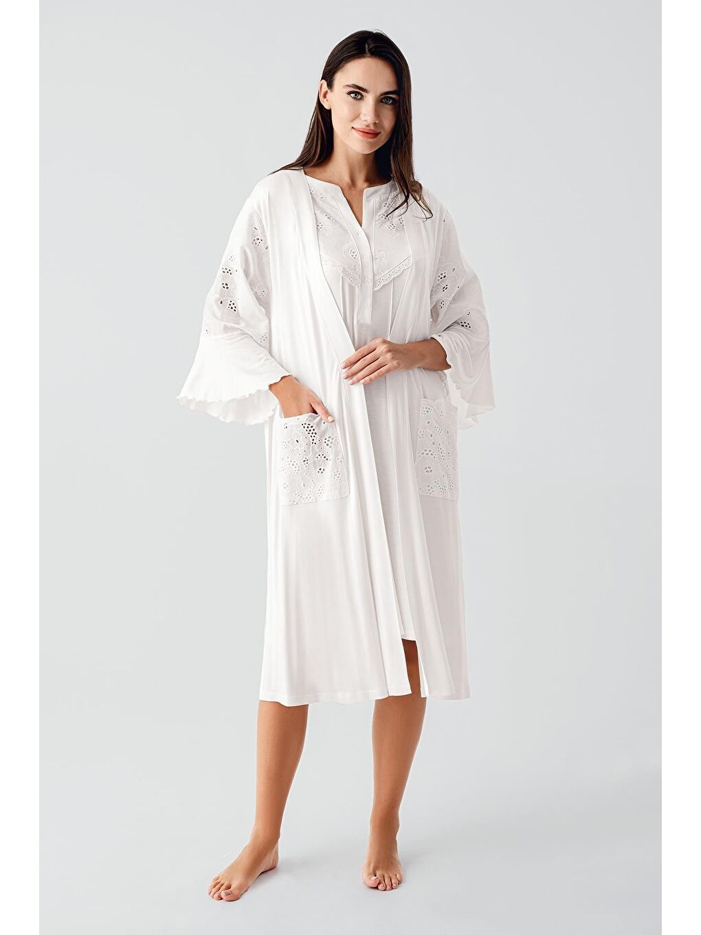 Ekru Kısa Kollu Düğmeli Vual Detaylı Esnek Viskoz Hamile Sabahlık Gecelik Takım 17403-2