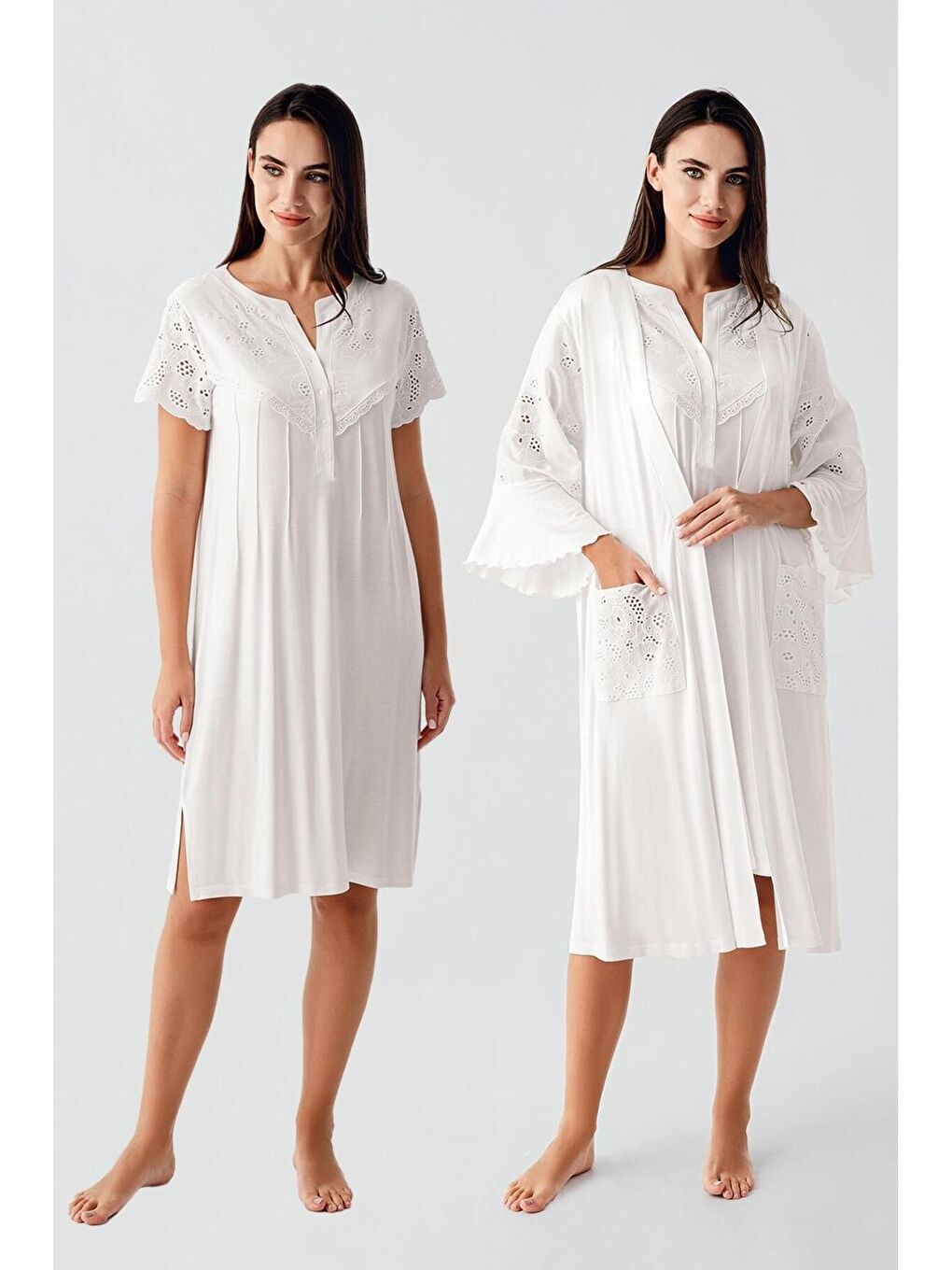 Ekru Kısa Kollu Düğmeli Vual Detaylı Esnek Viskoz Hamile Sabahlık Gecelik Takım 17403-3