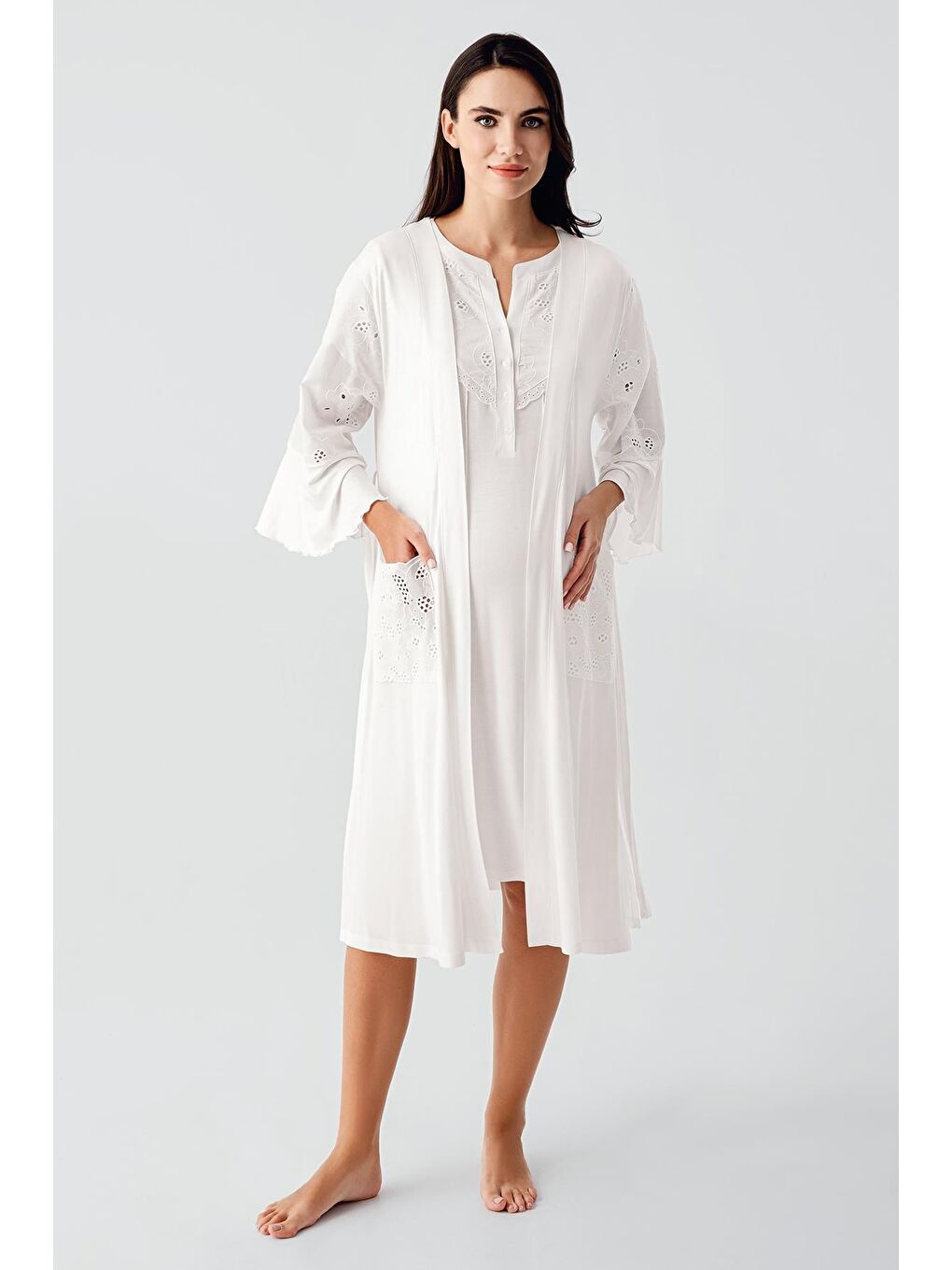 Ekru Kısa Kollu Düğmeli Vual Detaylı Esnek Viskoz Hamile Sabahlık Gecelik Takım 17403-4