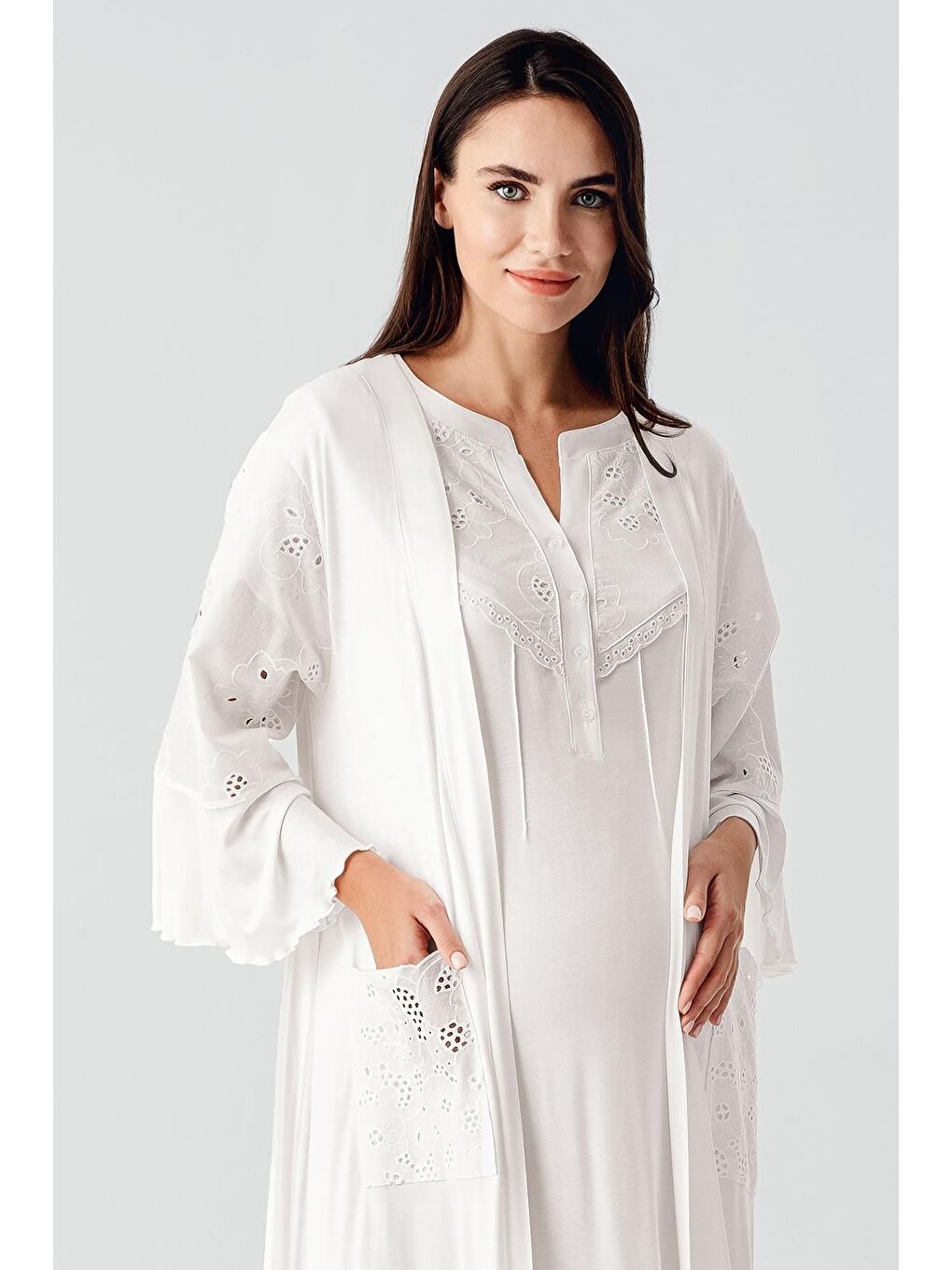 Ekru Kısa Kollu Düğmeli Vual Detaylı Esnek Viskoz Hamile Sabahlık Gecelik Takım 17403-5