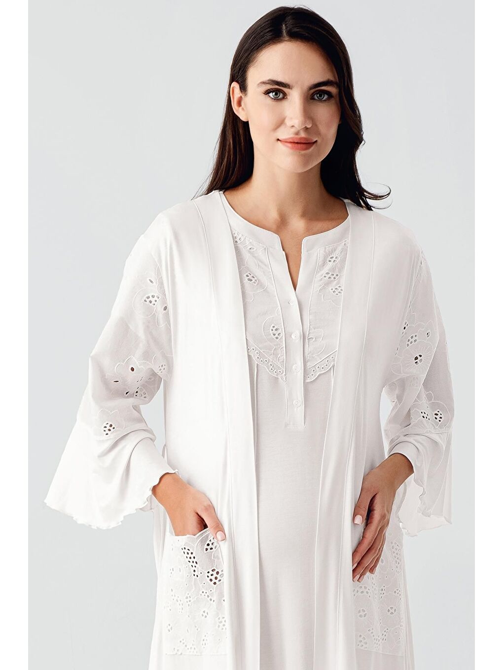 Ekru Kısa Kollu Düğmeli Vual Detaylı Esnek Viskoz Hamile Sabahlık Gecelik Takım 17403-6