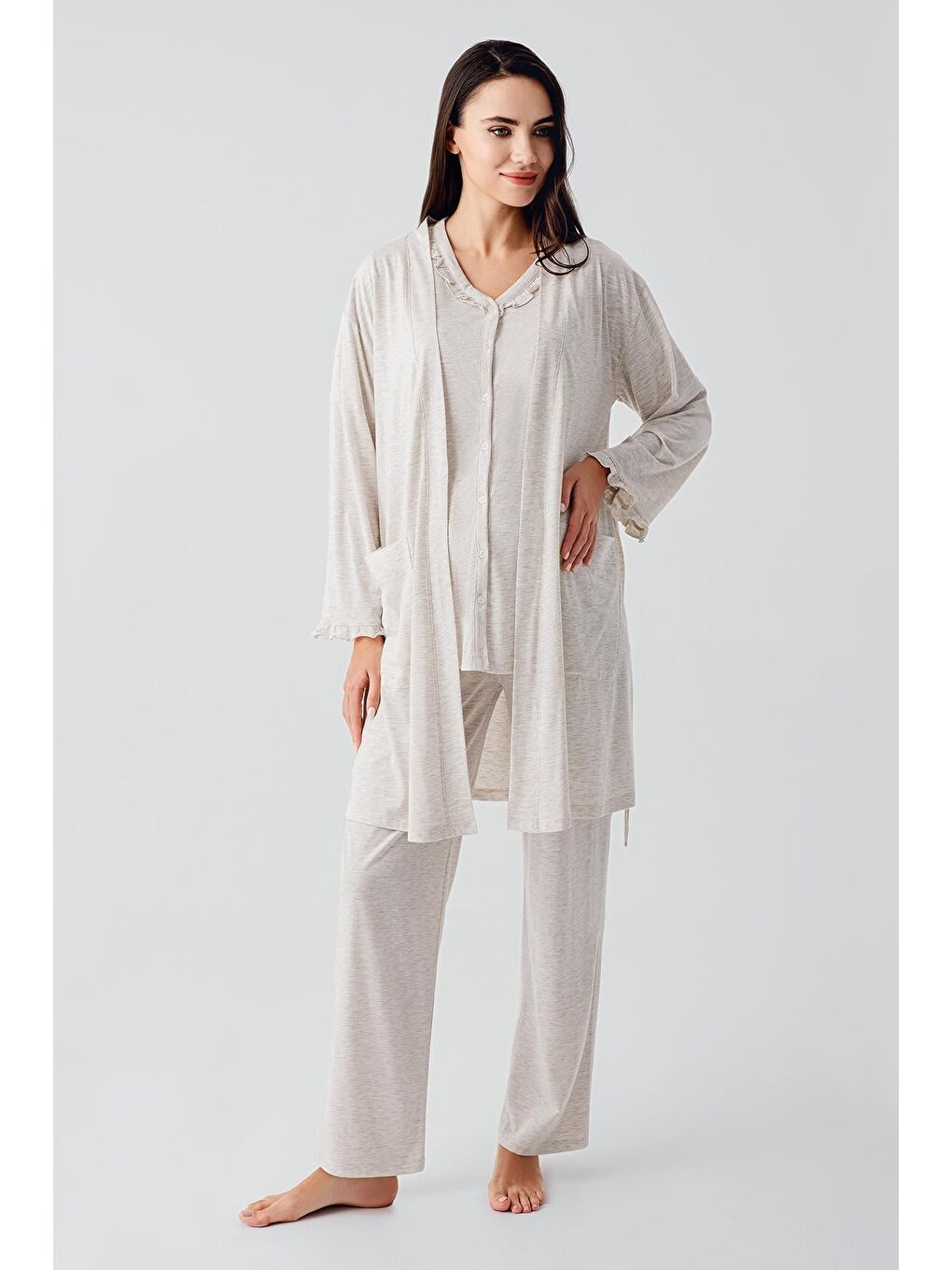 Bej Kısa Kollu Düğmeli Pamuklu Hamile Sabahlık Pijama Takım 17300