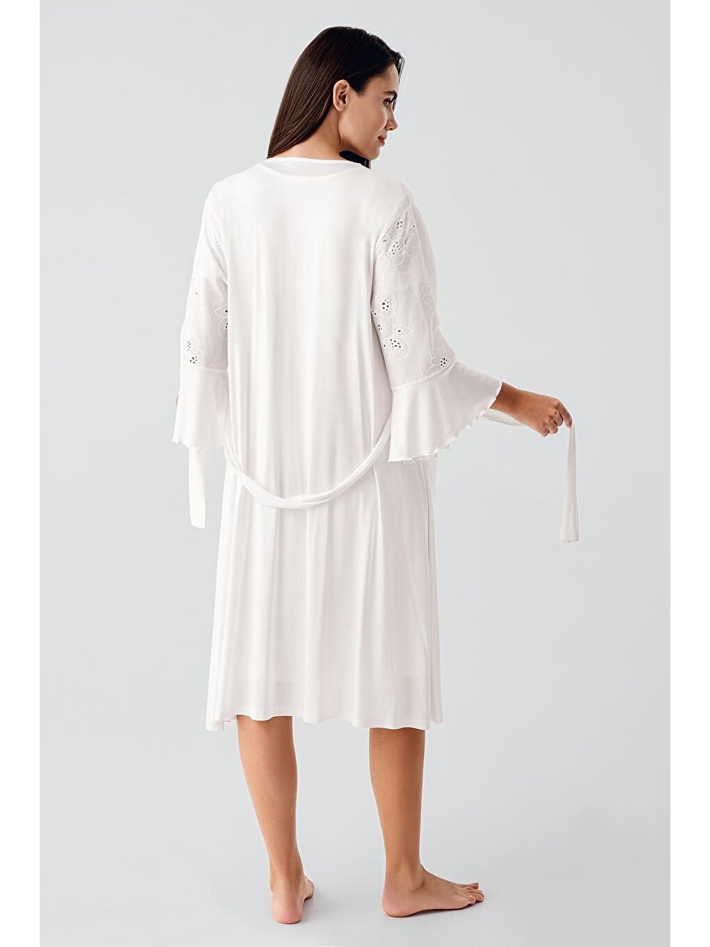 Ekru Kısa Kollu Düğmeli Vual Detaylı Esnek Viskoz Hamile Sabahlık Gecelik Takım 17403-7