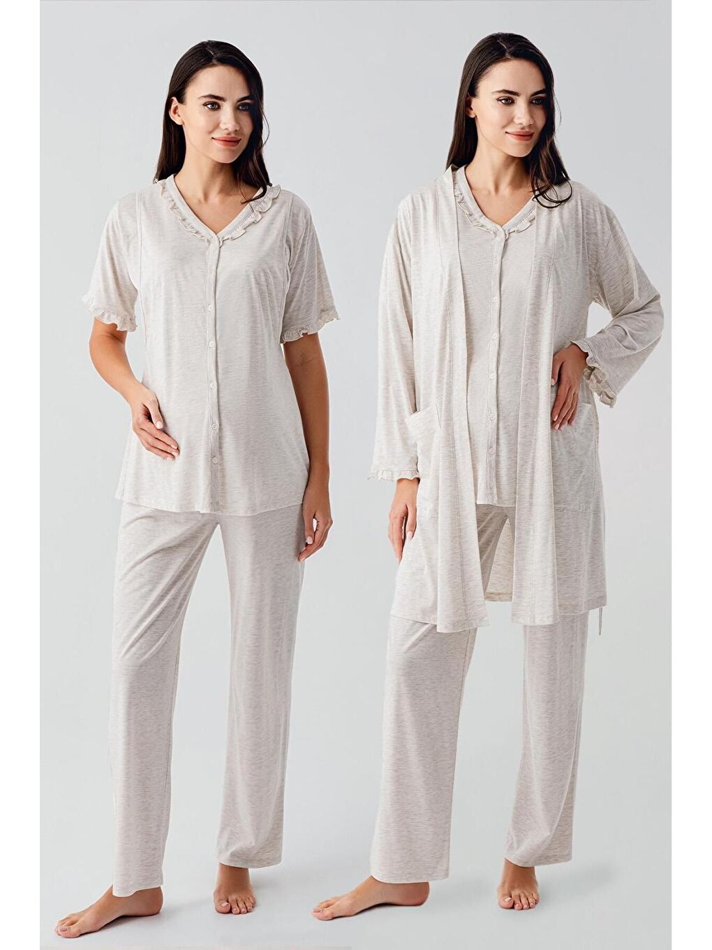 Bej Kısa Kollu Düğmeli Pamuklu Hamile Sabahlık Pijama Takım 17300-1