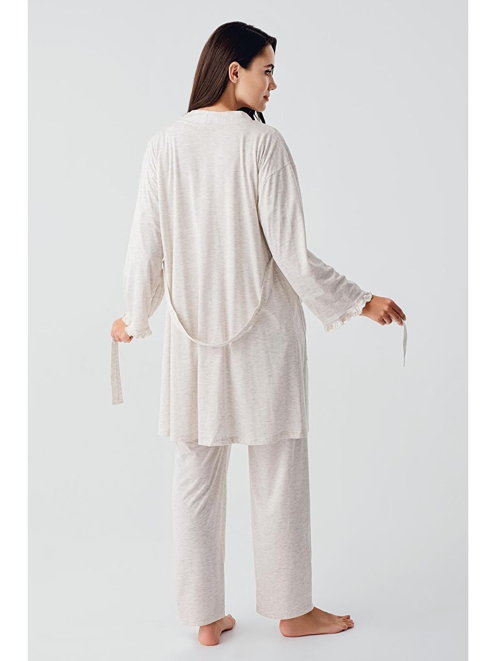 Bej Kısa Kollu Düğmeli Pamuklu Hamile Sabahlık Pijama Takım 17300-3