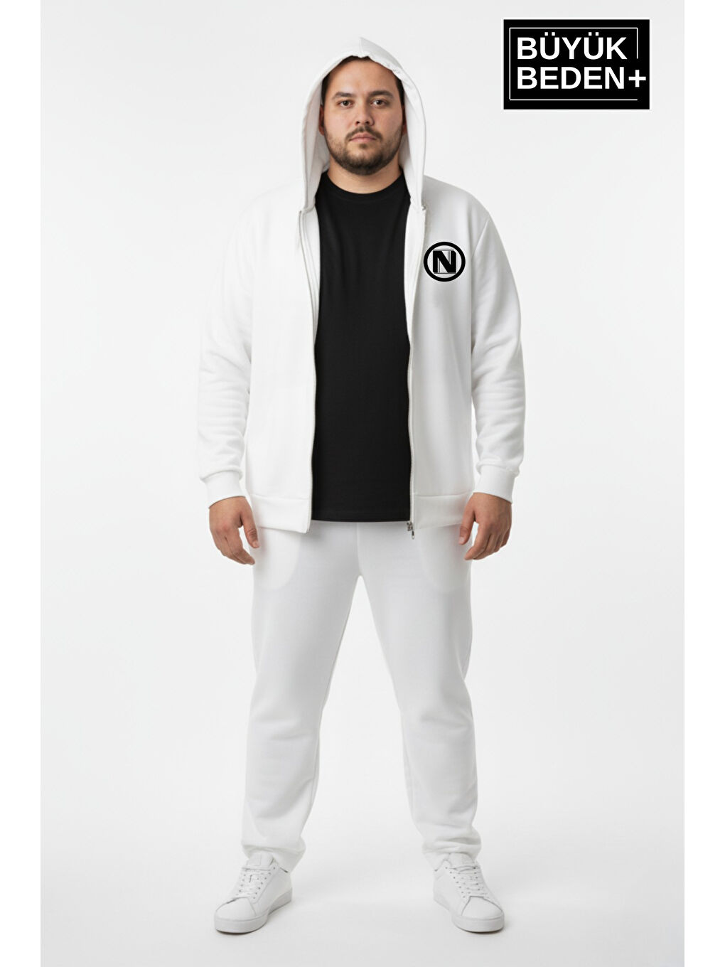 Ekru Erkek Büyük Beden Kapüşonlu Fermuarlı N Baskılı ince Sweatshirt Hırka SPR26BHR922