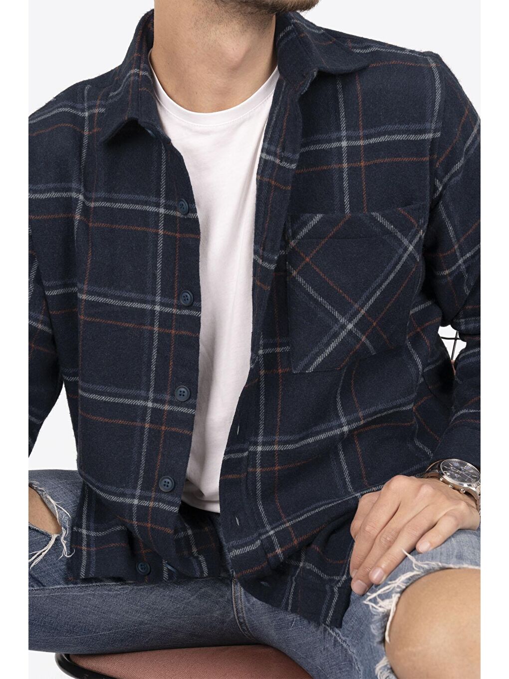 Lacivert Mavi Çizgili Oversize (Geniş Kalıp) Kalın %100 Pamuk Erkek Oduncu Gömlek