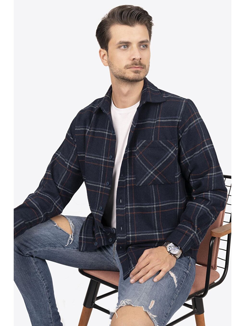 Lacivert Mavi Çizgili Oversize (Geniş Kalıp) Kalın %100 Pamuk Erkek Oduncu Gömlek-4