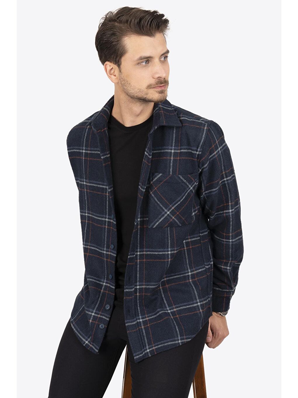 Lacivert Mavi Çizgili Oversize (Geniş Kalıp) Kalın %100 Pamuk Erkek Oduncu Gömlek-2