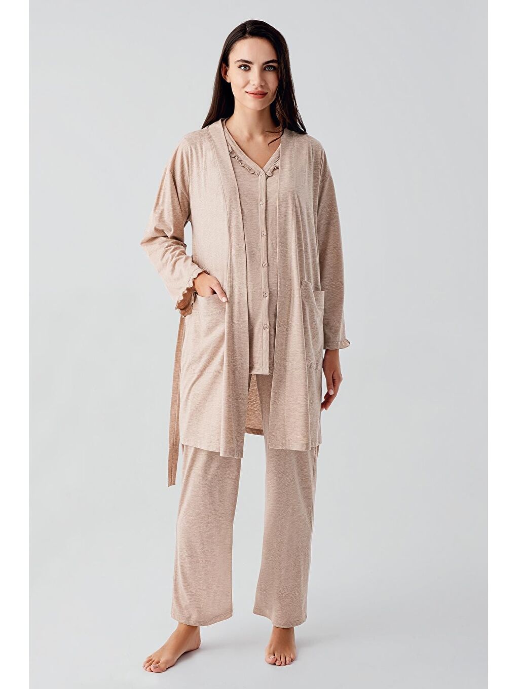 Kahverengi Kısa Kollu Düğmeli Pamuklu Hamile Sabahlık Pijama Takım 17300