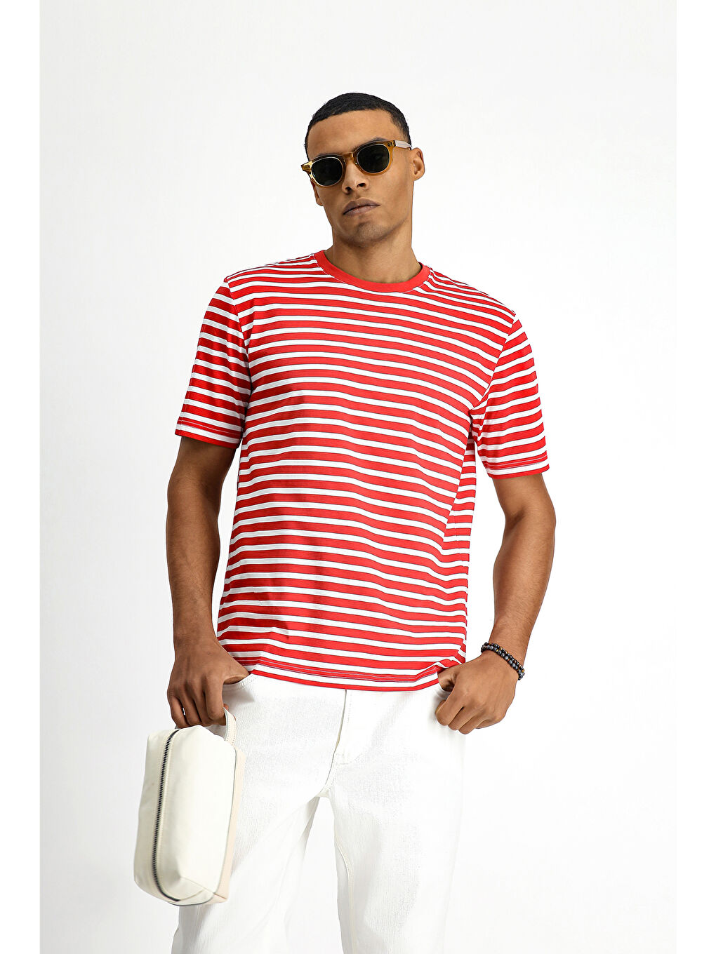 Kırmızı Bisiklet Yaka Regular Fit Pamuk Çizgili Tişört-3