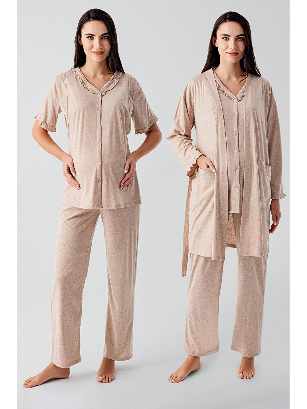 Kahverengi Kısa Kollu Düğmeli Pamuklu Hamile Sabahlık Pijama Takım 17300-1