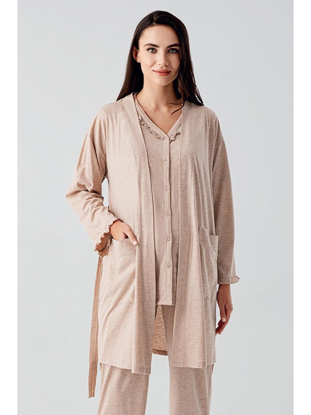 Kahverengi Kısa Kollu Düğmeli Pamuklu Hamile Sabahlık Pijama Takım 17300-2