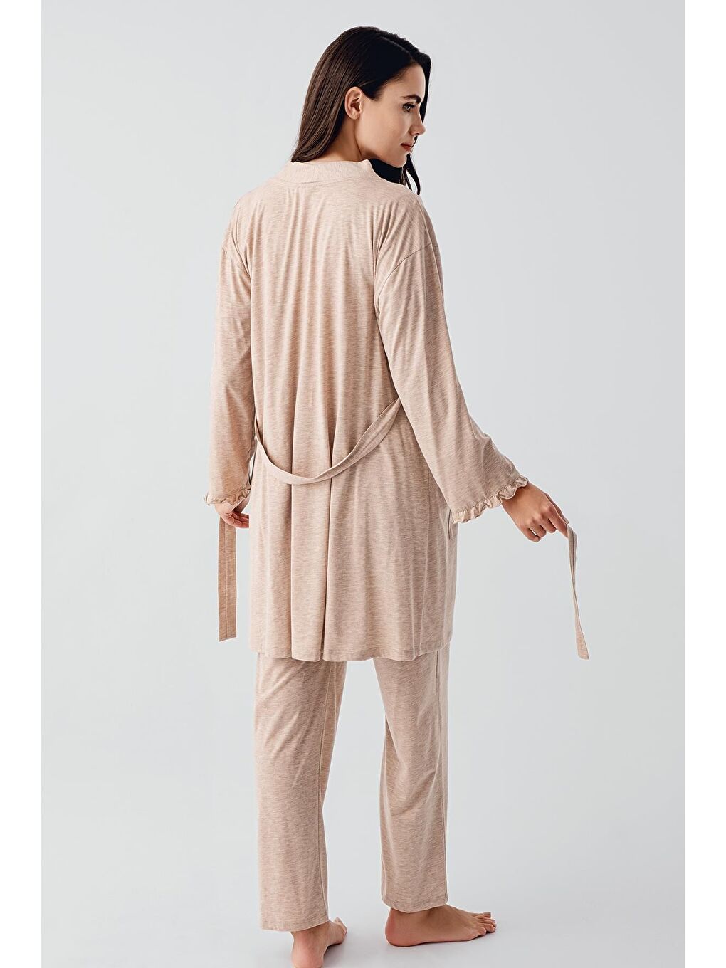 Kahverengi Kısa Kollu Düğmeli Pamuklu Hamile Sabahlık Pijama Takım 17300-3