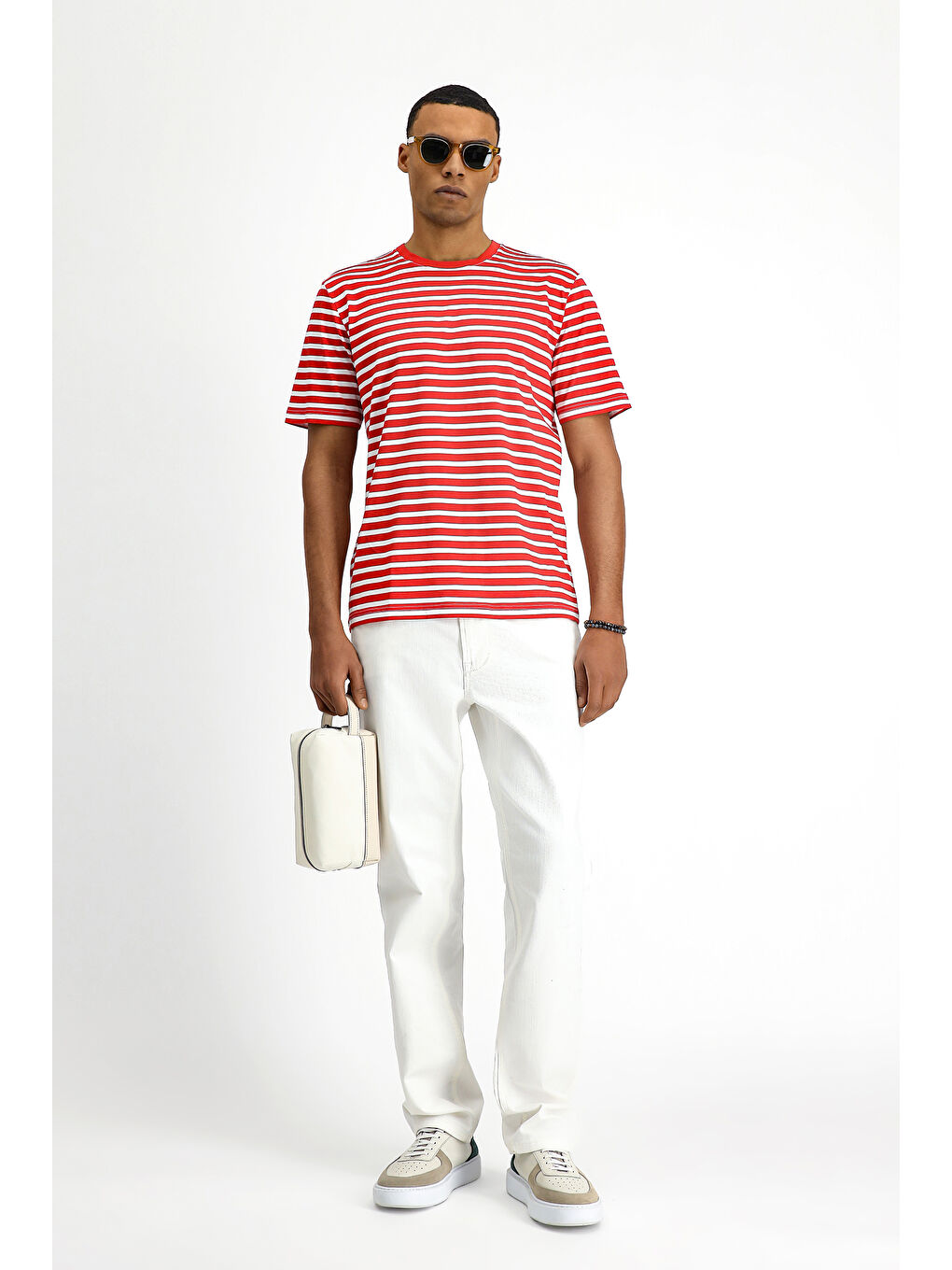 Kırmızı Bisiklet Yaka Regular Fit Pamuk Çizgili Tişört-4