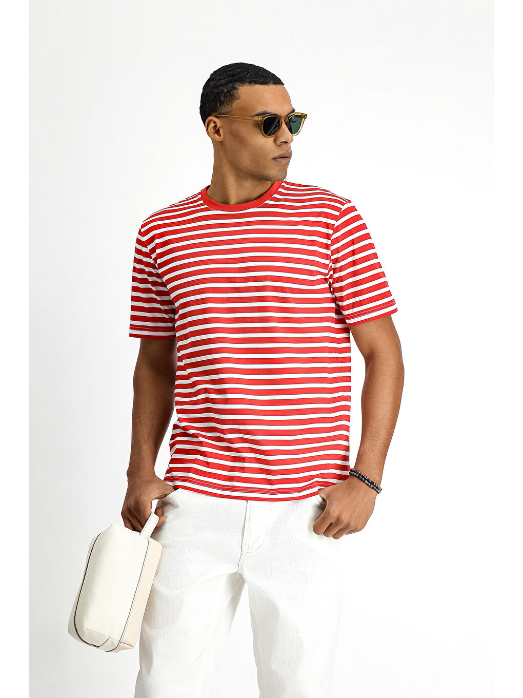 Kırmızı Bisiklet Yaka Regular Fit Pamuk Çizgili Tişört-5