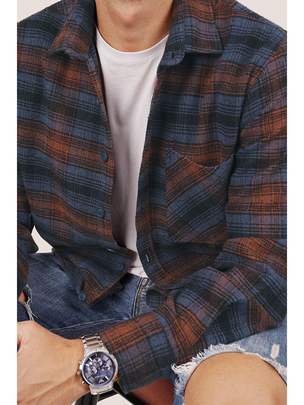 Mavi Turuncu Geçişli Kalın Oversize %100 Pamuk Erkek Oduncu Gömlek