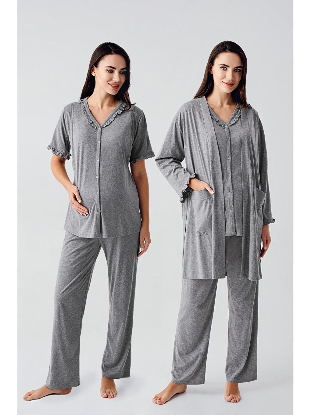 Gri Kısa Kollu Düğmeli Pamuklu Hamile Sabahlık Pijama Takım 17300-1