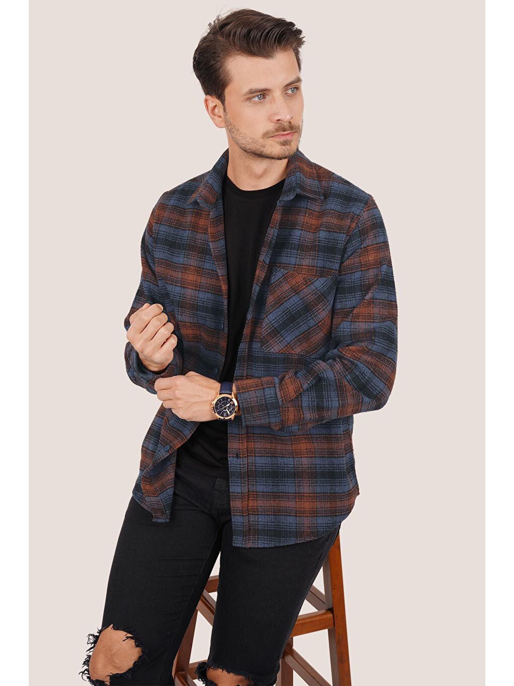 Mavi Turuncu Geçişli Kalın Oversize %100 Pamuk Erkek Oduncu Gömlek-2