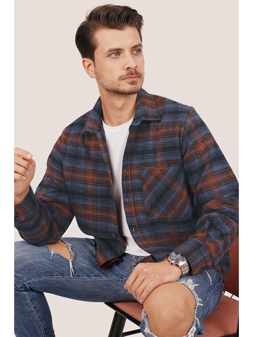 Mavi Turuncu Geçişli Kalın Oversize %100 Pamuk Erkek Oduncu Gömlek-4