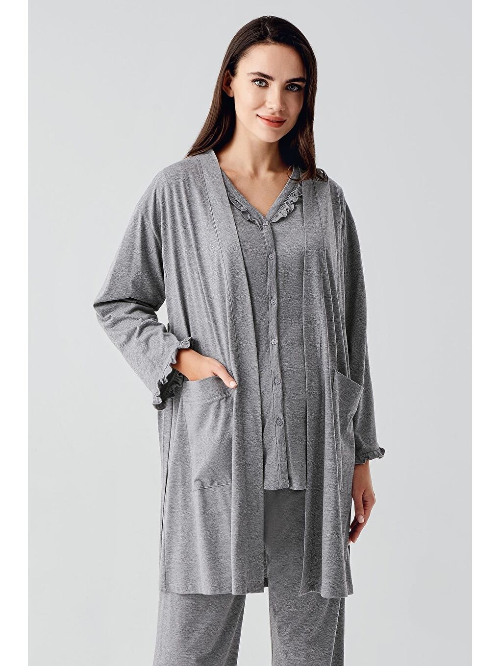 Gri Kısa Kollu Düğmeli Pamuklu Hamile Sabahlık Pijama Takım 17300-2