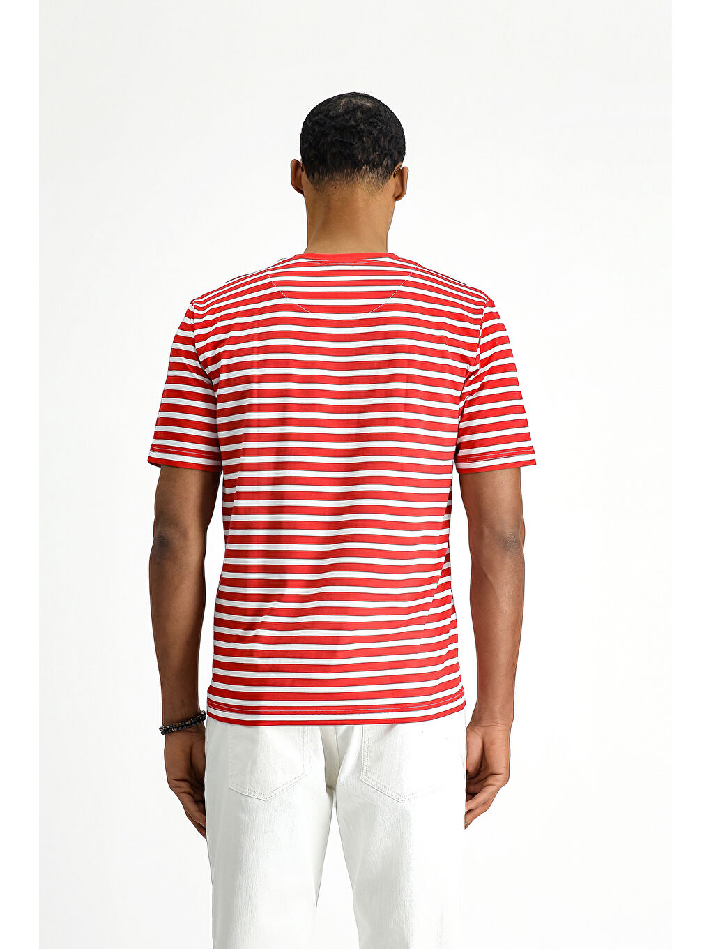 Kırmızı Bisiklet Yaka Regular Fit Pamuk Çizgili Tişört-6