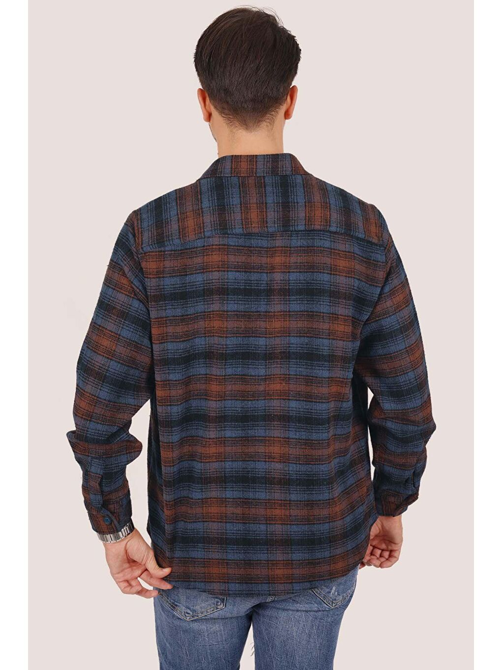 Mavi Turuncu Geçişli Kalın Oversize %100 Pamuk Erkek Oduncu Gömlek-5