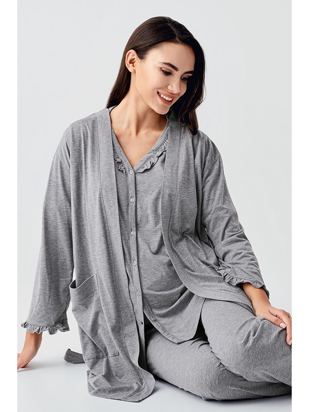 Gri Kısa Kollu Düğmeli Pamuklu Hamile Sabahlık Pijama Takım 17300-3