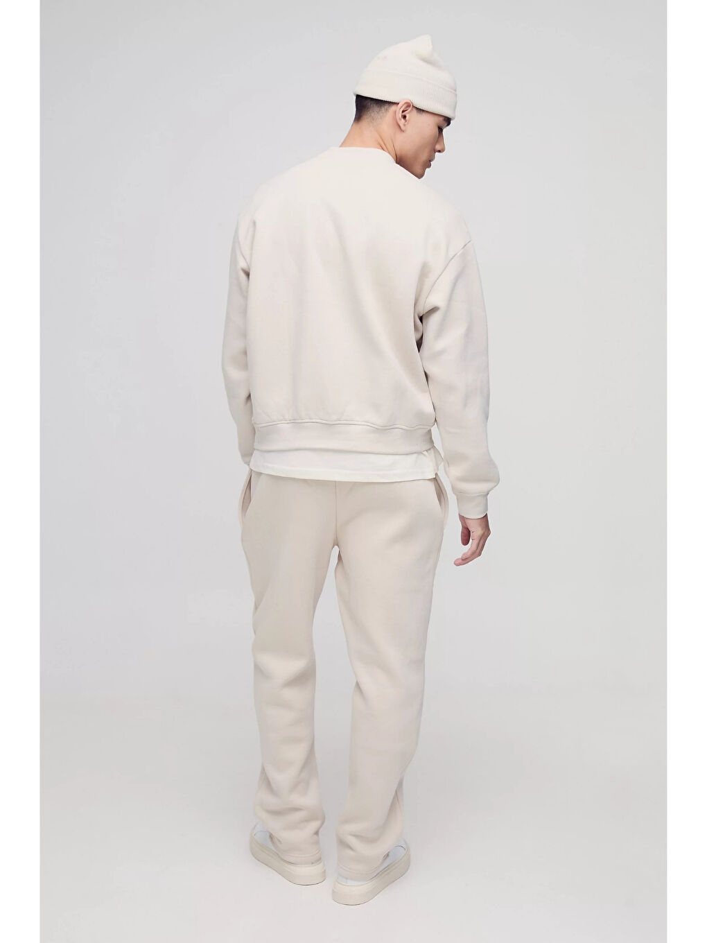 Bej Erkek İçi Polarlı 3 iplik Kalın New York Baskılı Büyük Beden Eşofman Altı SPR25EA97-1