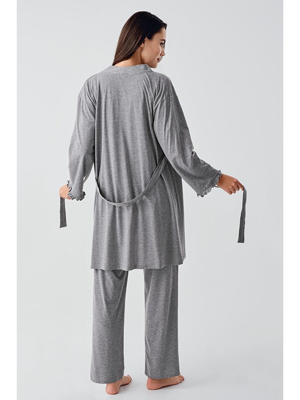 Gri Kısa Kollu Düğmeli Pamuklu Hamile Sabahlık Pijama Takım 17300-5