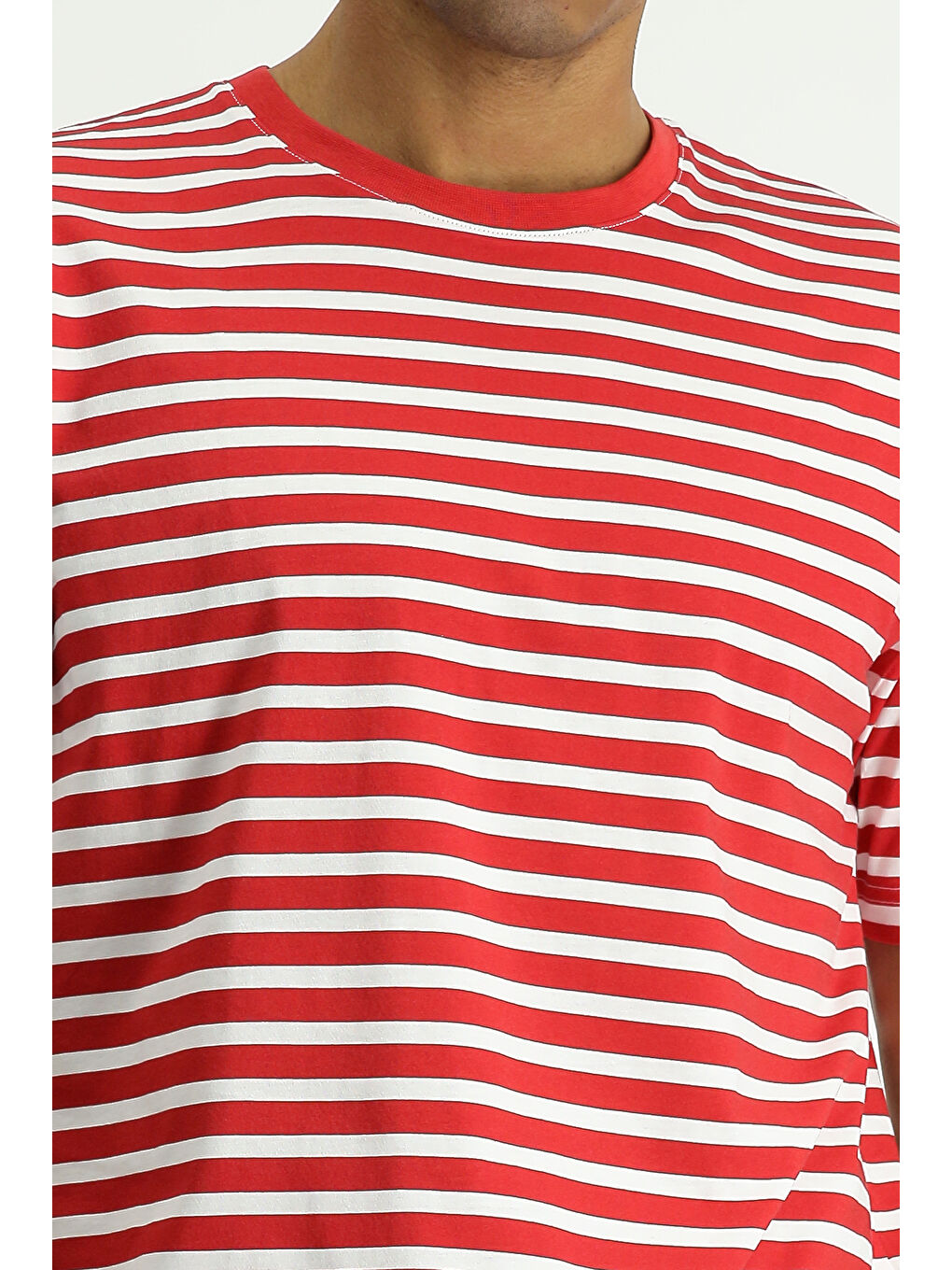 Kırmızı Bisiklet Yaka Regular Fit Pamuk Çizgili Tişört-7