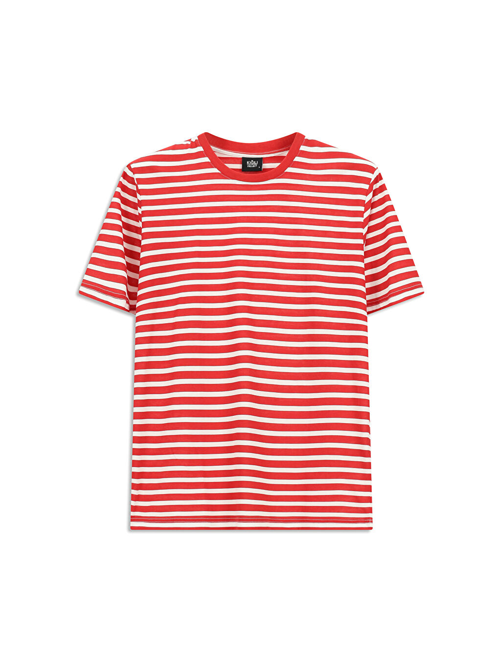 Kırmızı Bisiklet Yaka Regular Fit Pamuk Çizgili Tişört-8