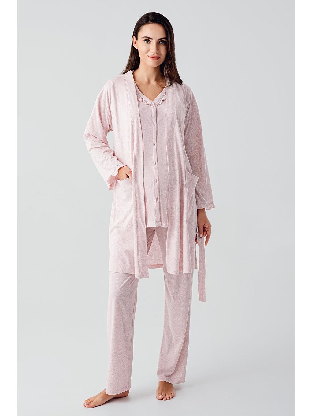 Pembe Kısa Kollu Düğmeli Pamuklu Hamile Sabahlık Pijama Takım 17300