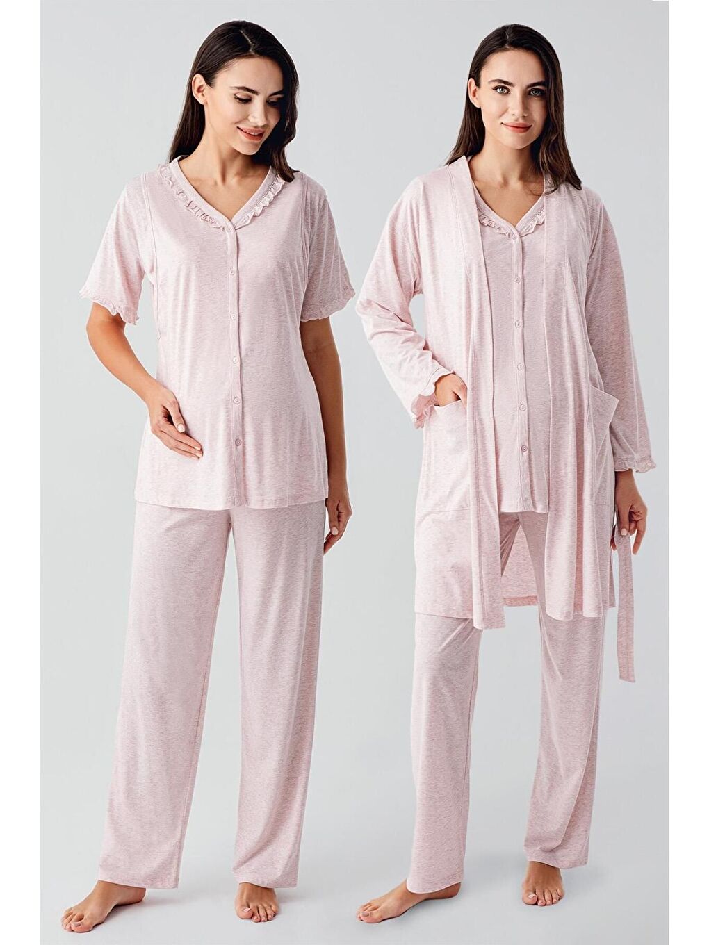 Pembe Kısa Kollu Düğmeli Pamuklu Hamile Sabahlık Pijama Takım 17300-1