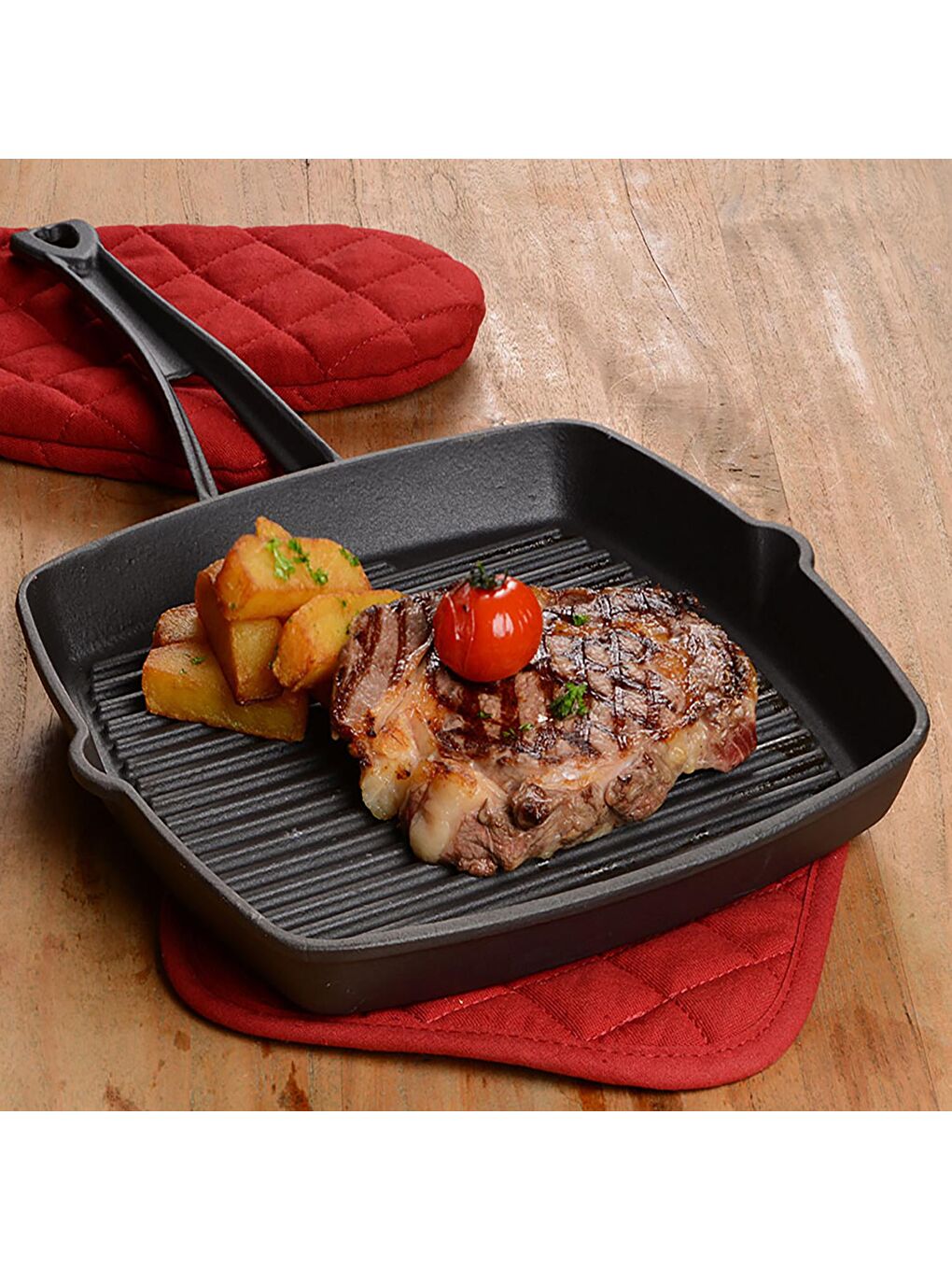 Siyah Kare Izgara Tava Döküm Demir Yekpare Saplı. Ölçü 26x26cm.-3