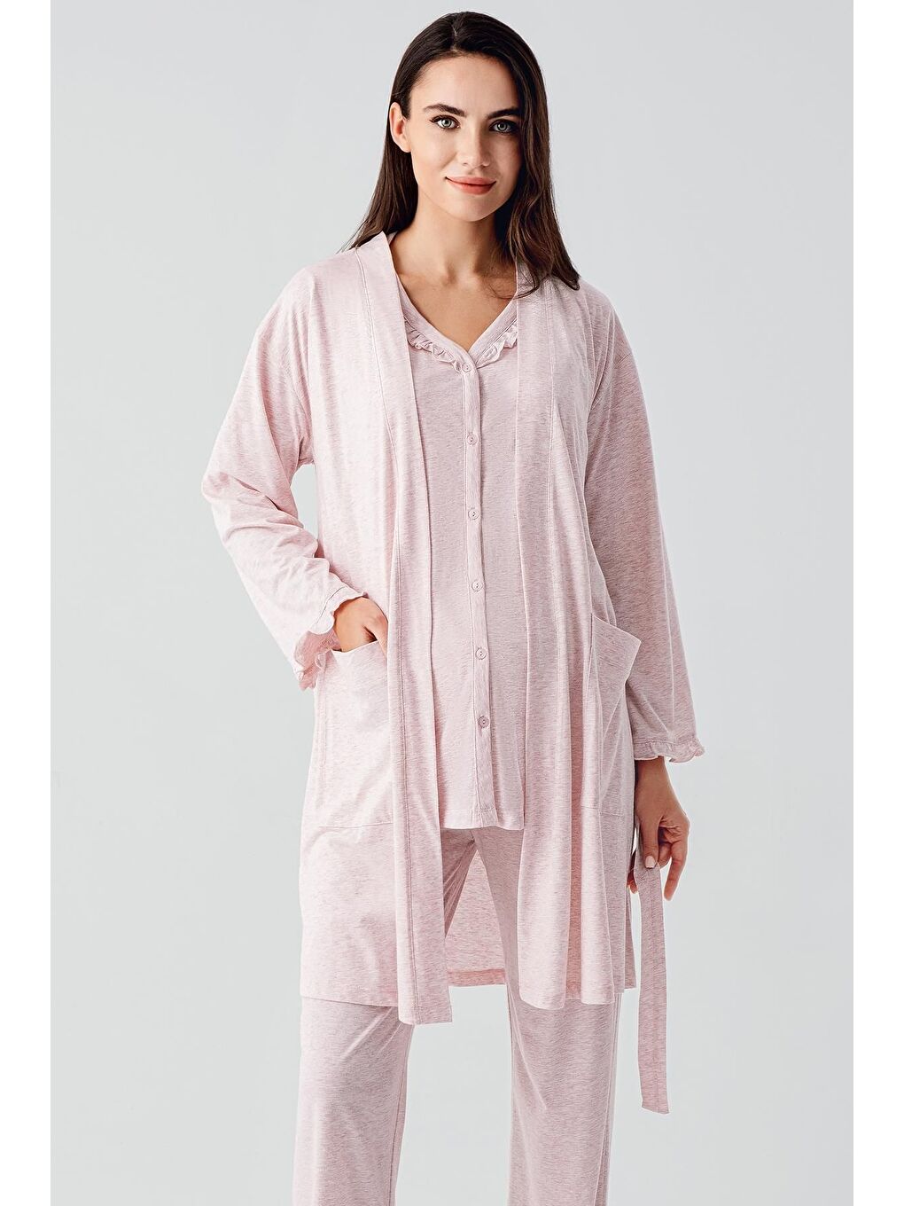 Pembe Kısa Kollu Düğmeli Pamuklu Hamile Sabahlık Pijama Takım 17300-2