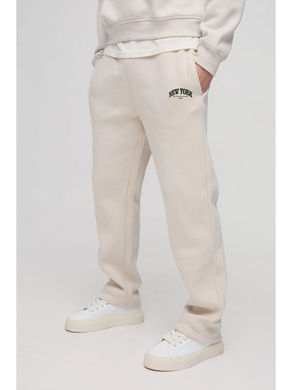 Bej Erkek İçi Polarlı 3 iplik Kalın New York Baskılı Büyük Beden Eşofman Altı SPR25EA97