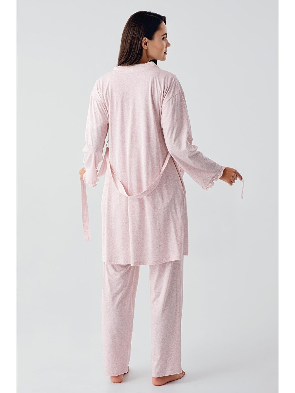 Pembe Kısa Kollu Düğmeli Pamuklu Hamile Sabahlık Pijama Takım 17300-3