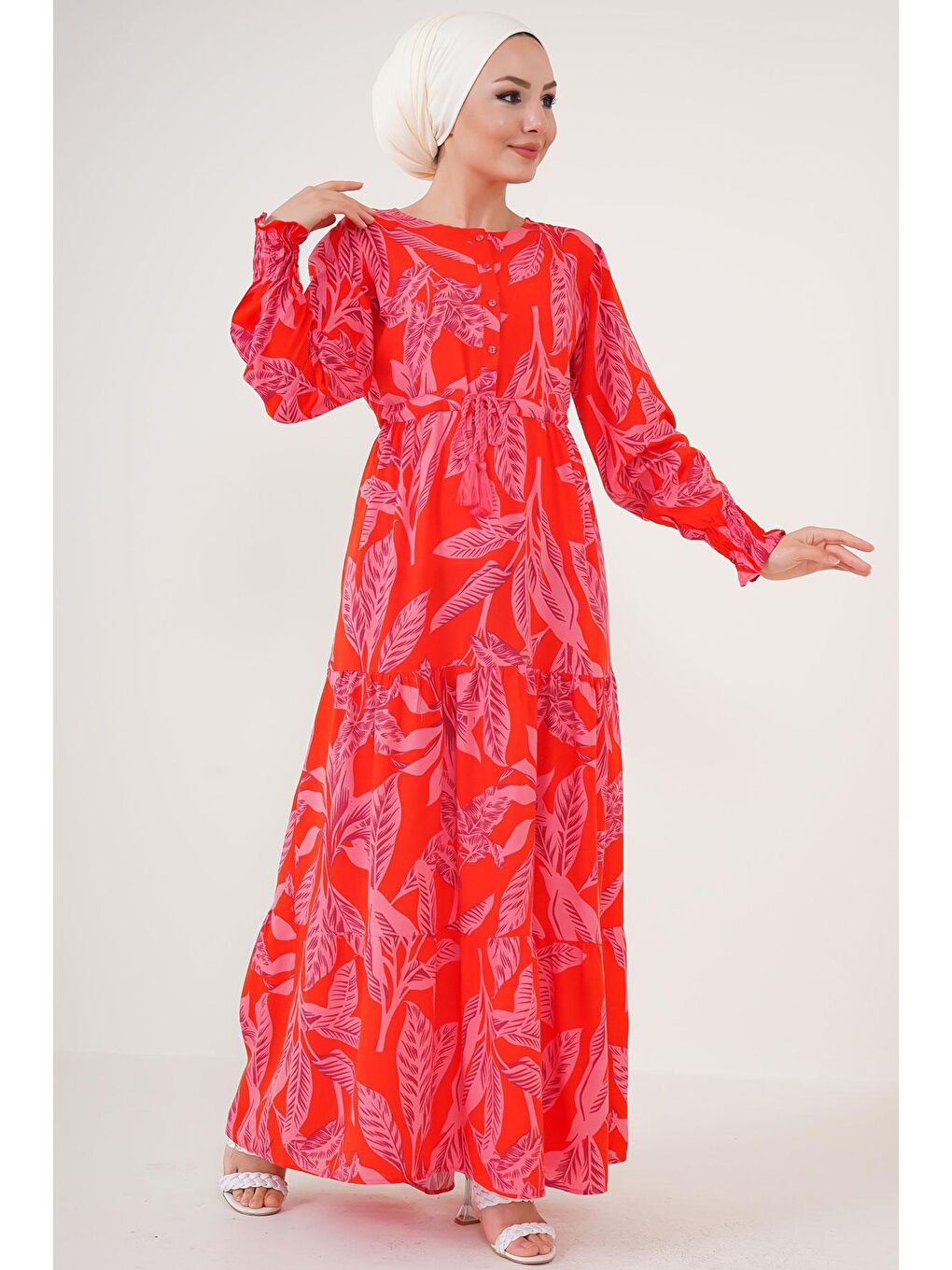 2145 Desenli Tesettür Elbise - Kırmızı-1