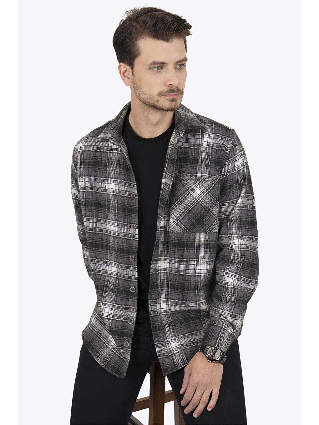 Gri Beyaz Geçişli Oversize (Geniş Kalıp) Kalın %100 Pamuk Erkek Oduncu Gömlek-2