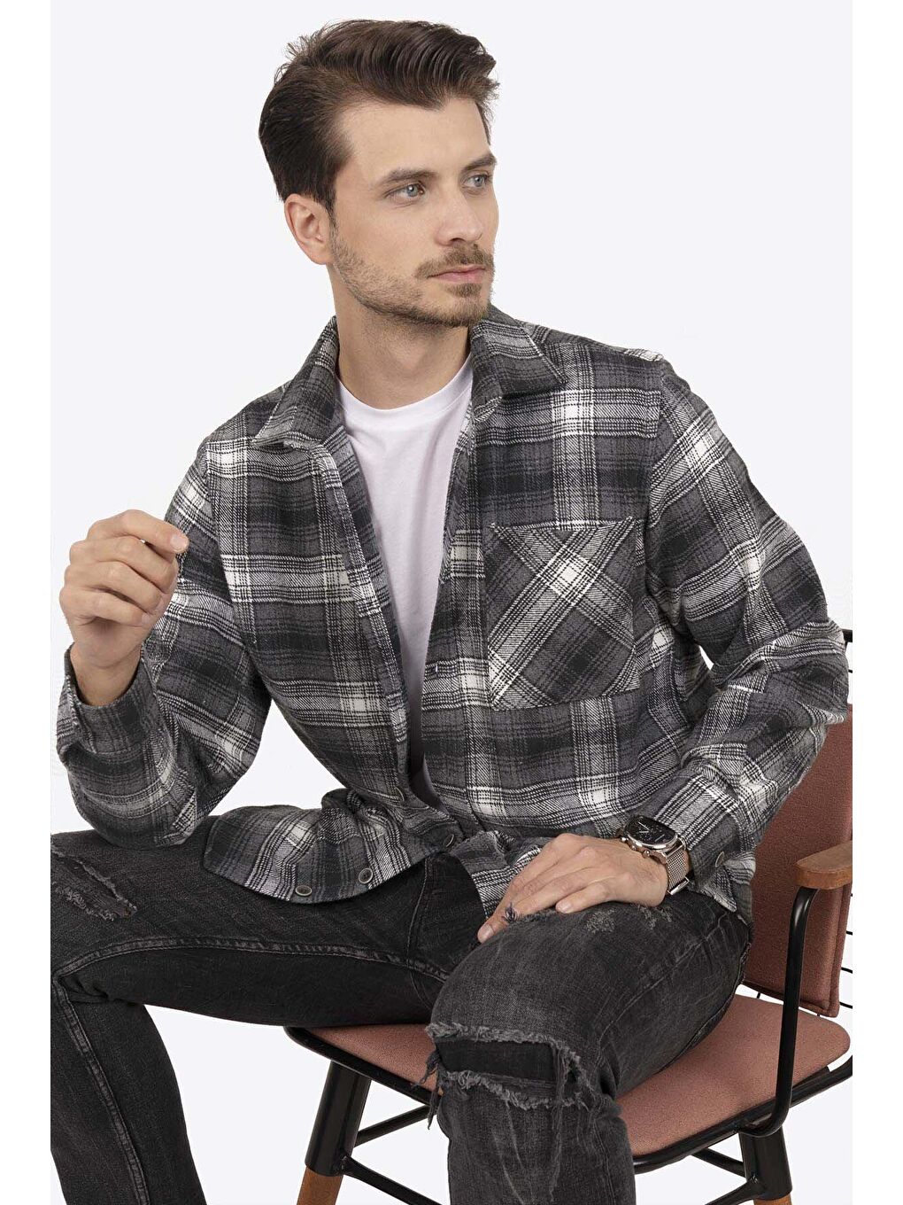 Gri Beyaz Geçişli Oversize (Geniş Kalıp) Kalın %100 Pamuk Erkek Oduncu Gömlek-4