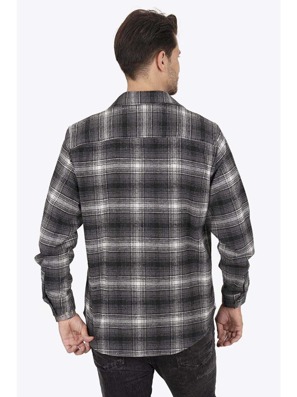 Gri Beyaz Geçişli Oversize (Geniş Kalıp) Kalın %100 Pamuk Erkek Oduncu Gömlek-5