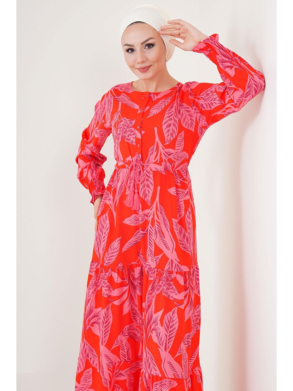 2145 Desenli Tesettür Elbise - Kırmızı-2