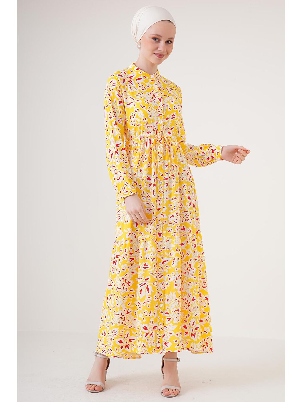 2144 Hakim Yaka Tesettür Elbise - Sarı