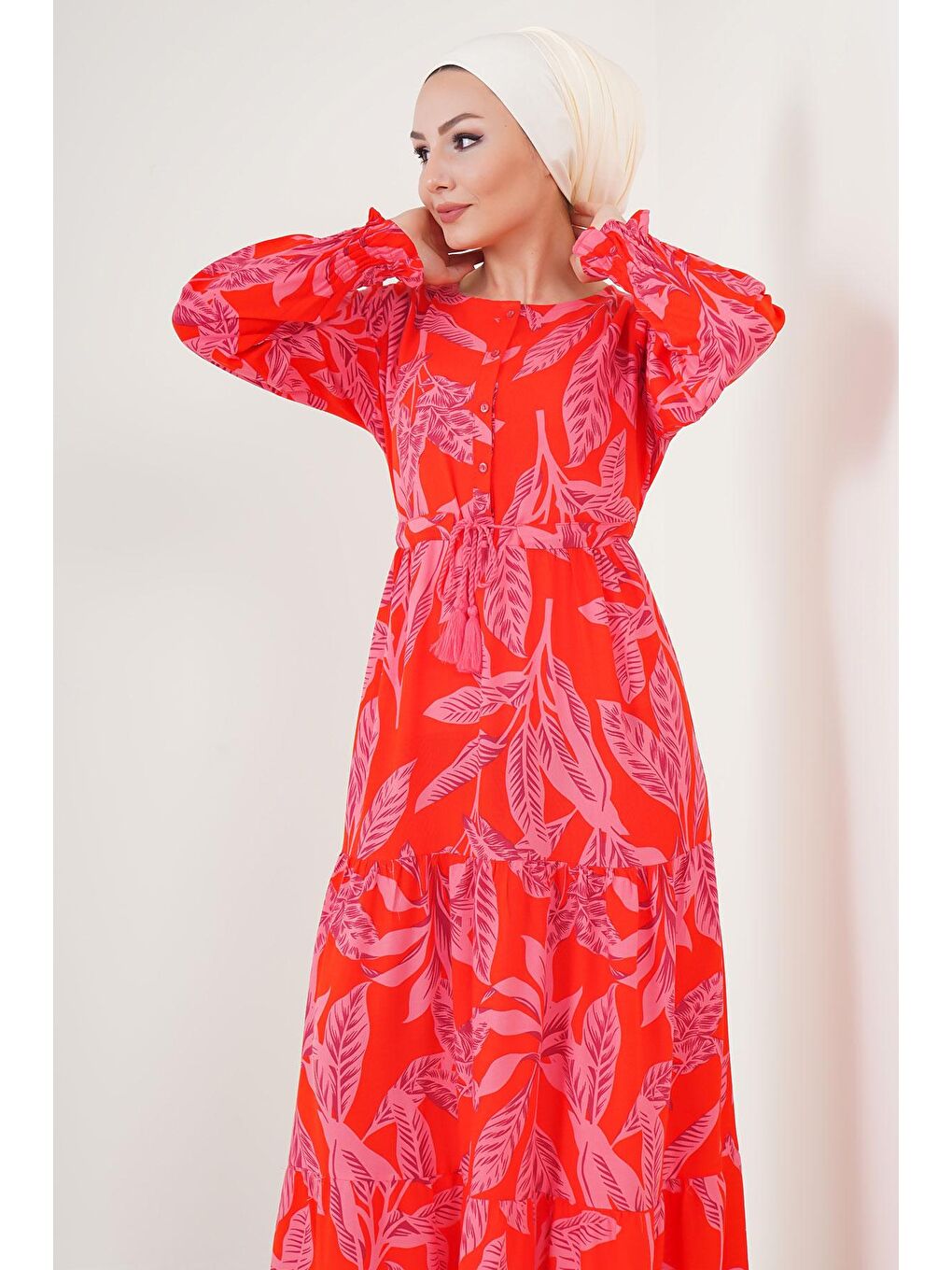 2145 Desenli Tesettür Elbise - Kırmızı-3