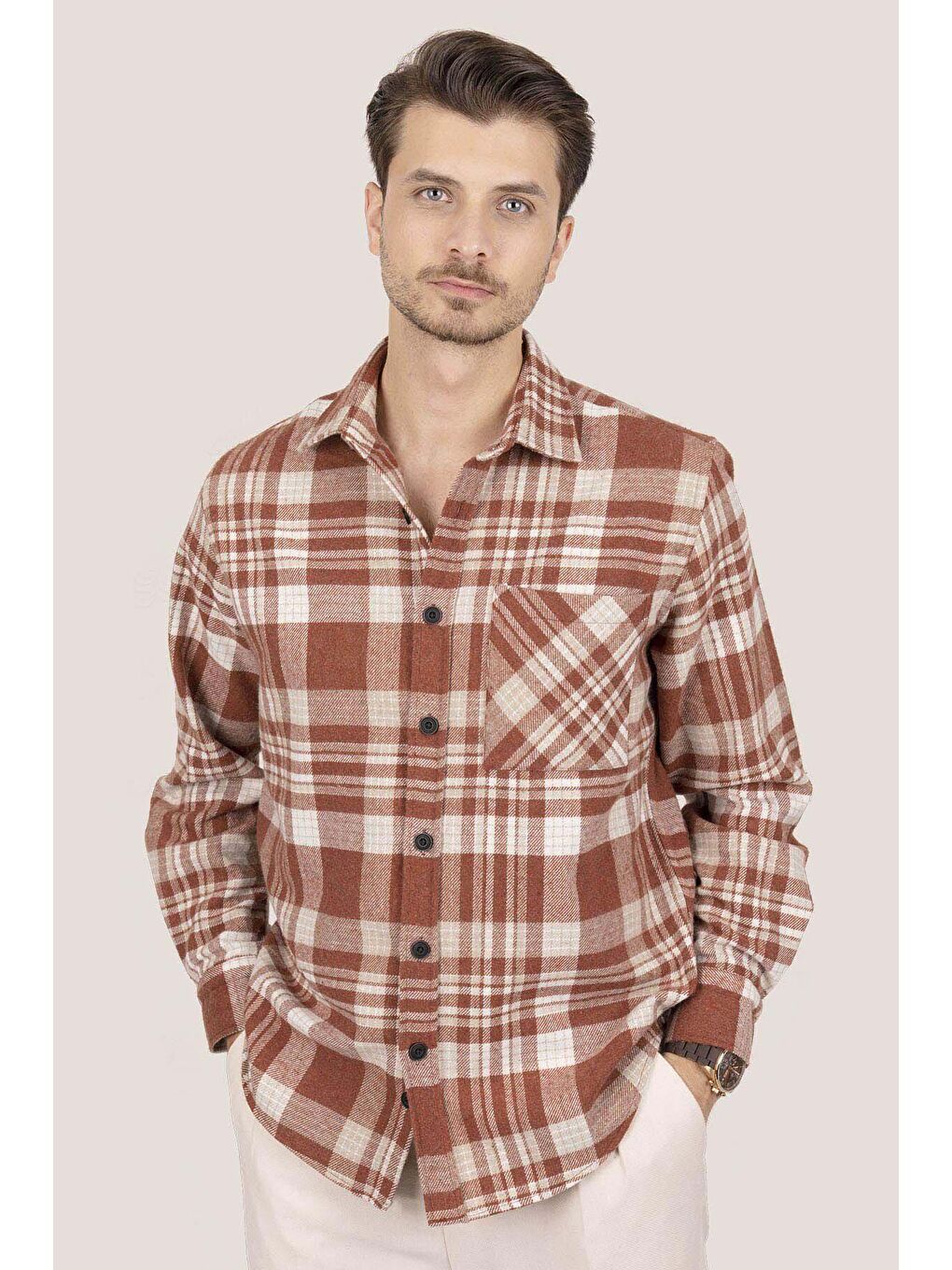 Kahverengi Kiremit Oversize (Geniş Kalıp) Kalın Oduncu Erkek Gömlek-1